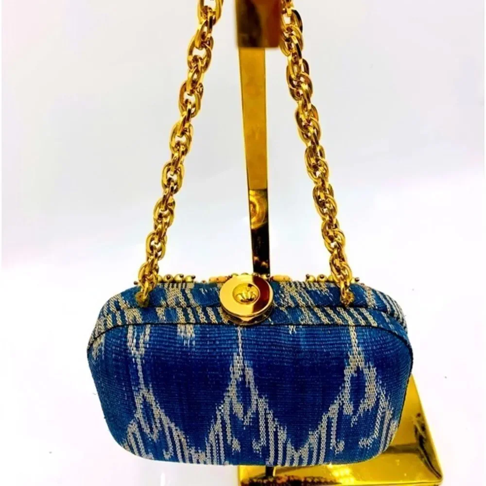 Auth Rafe Minaudière Beaded Boho Canvas Box Clutch Gold-Tone Chainlink Strap